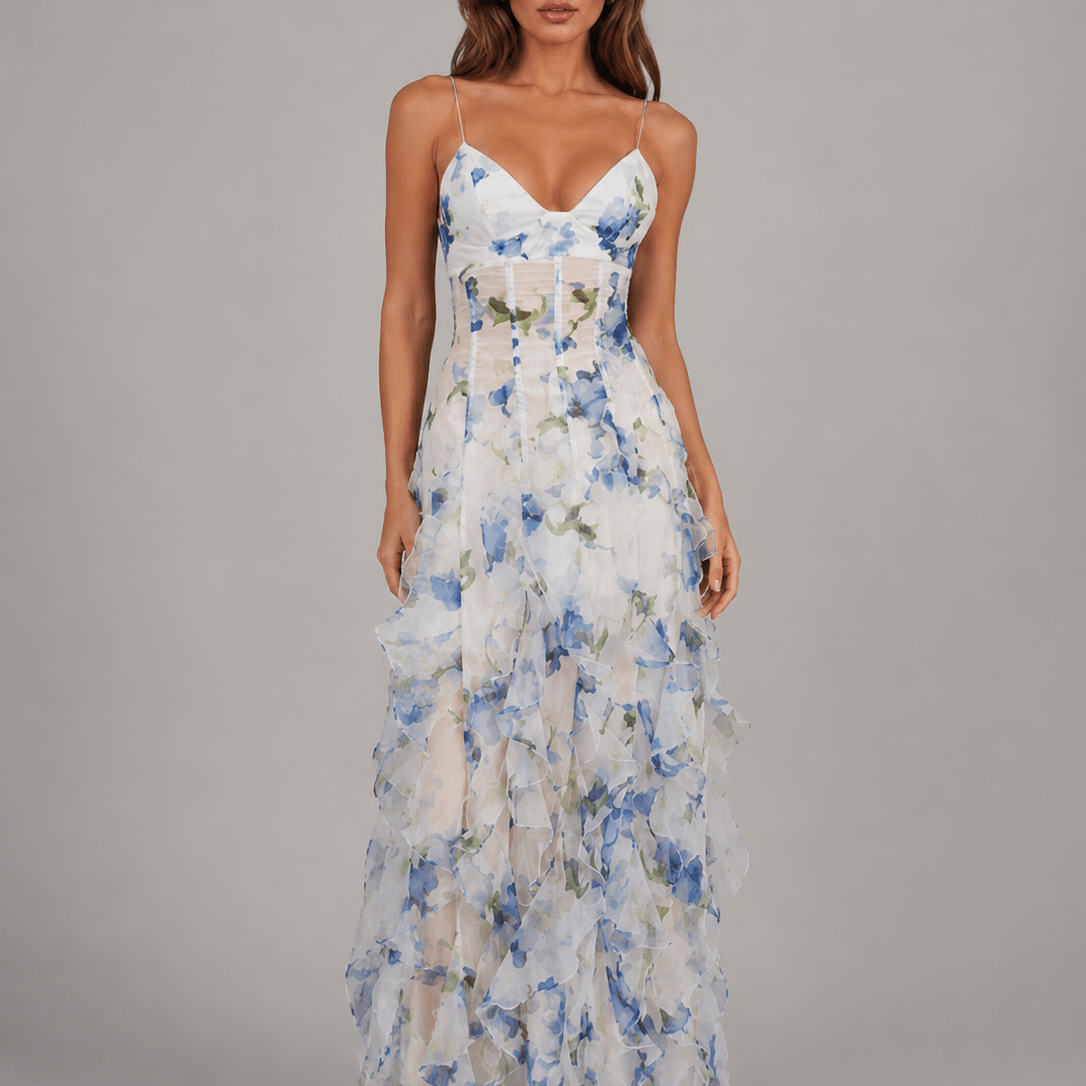 Abito Lungo Donna Corsetto Gonna a Balze Effetto Chiffon
