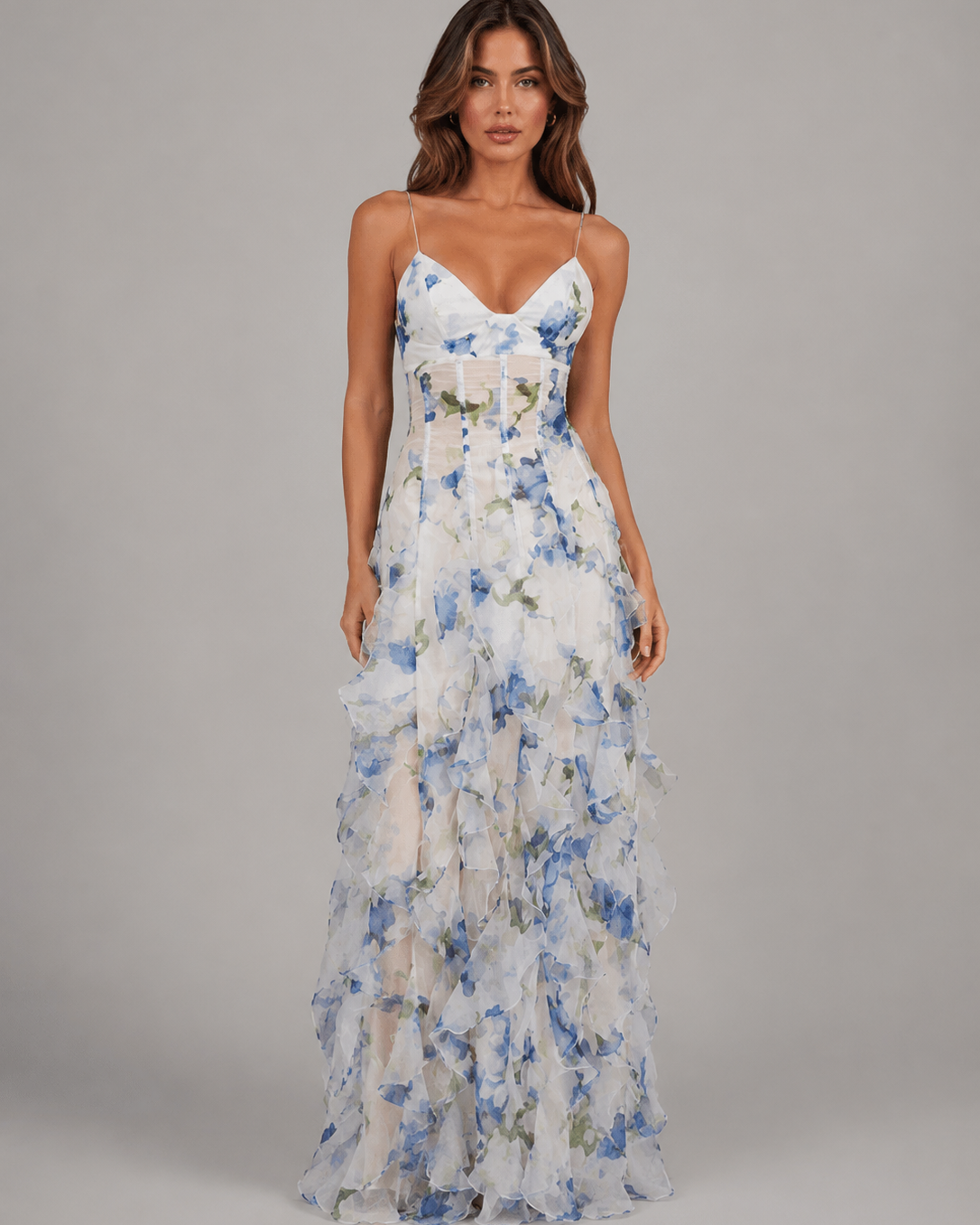 Abito Lungo Donna Corsetto Gonna a Balze Effetto Chiffon