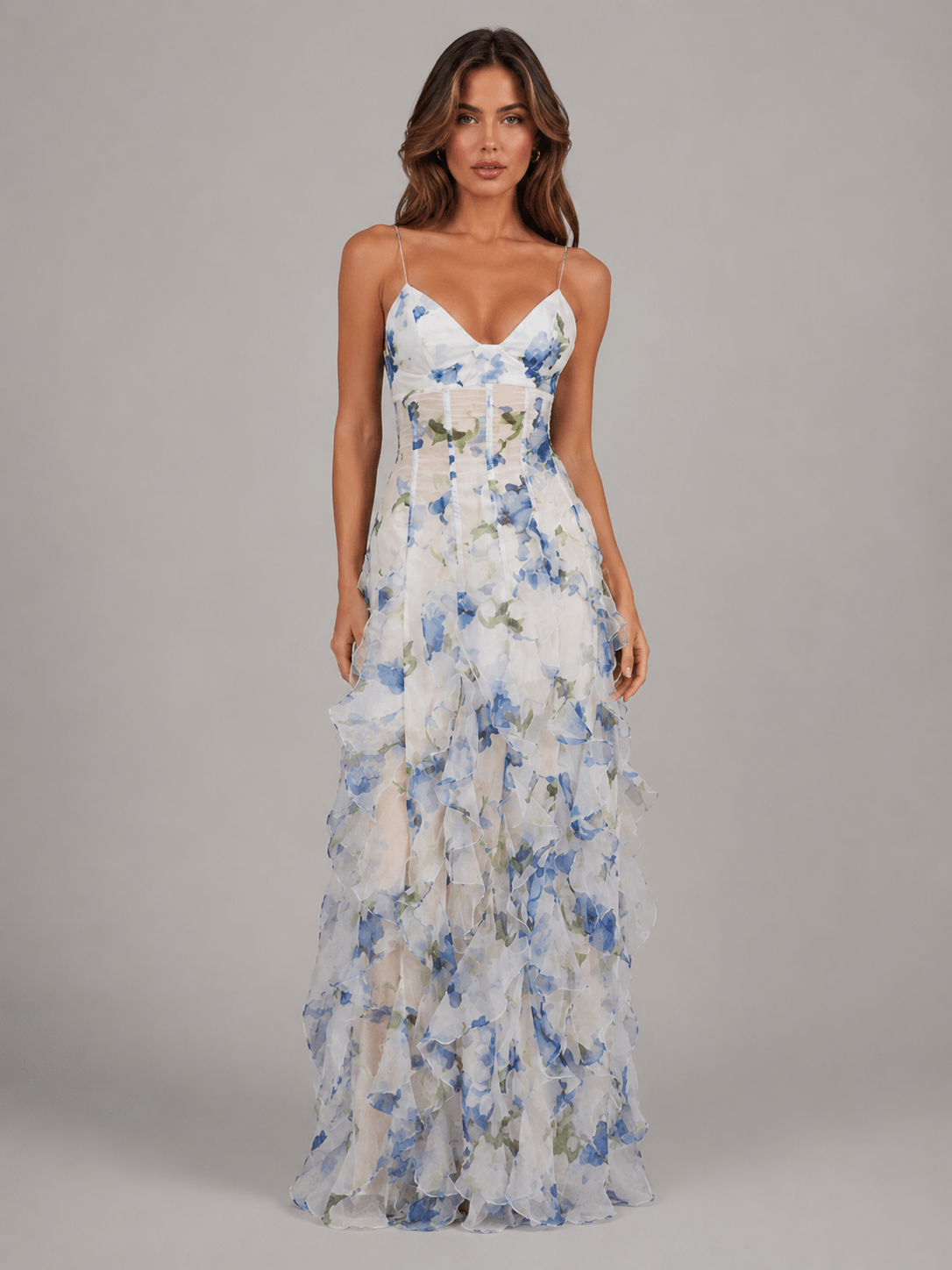 Abito Lungo Donna Corsetto Gonna a Balze Effetto Chiffon