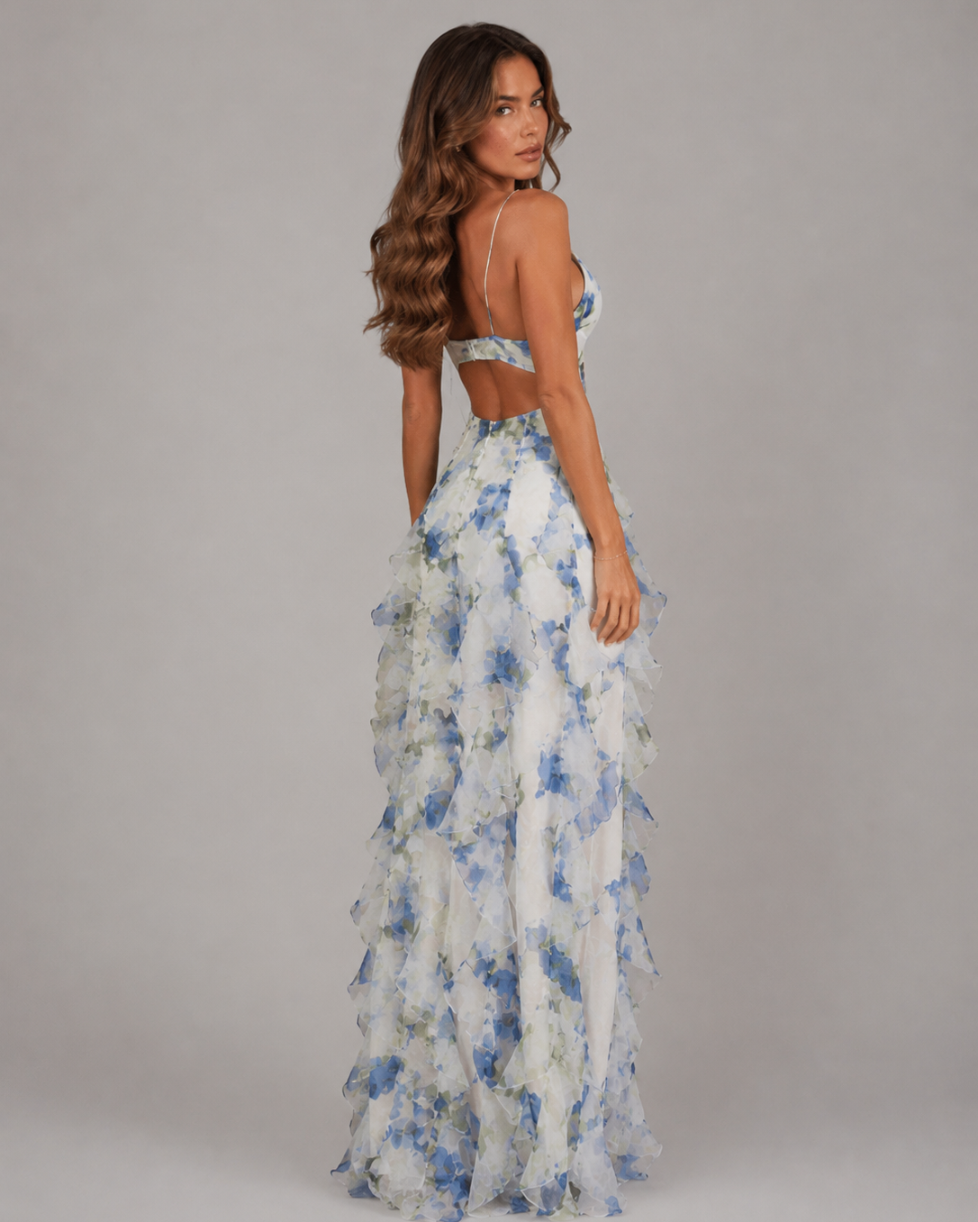 Abito Lungo Donna Corsetto Gonna a Balze Effetto Chiffon