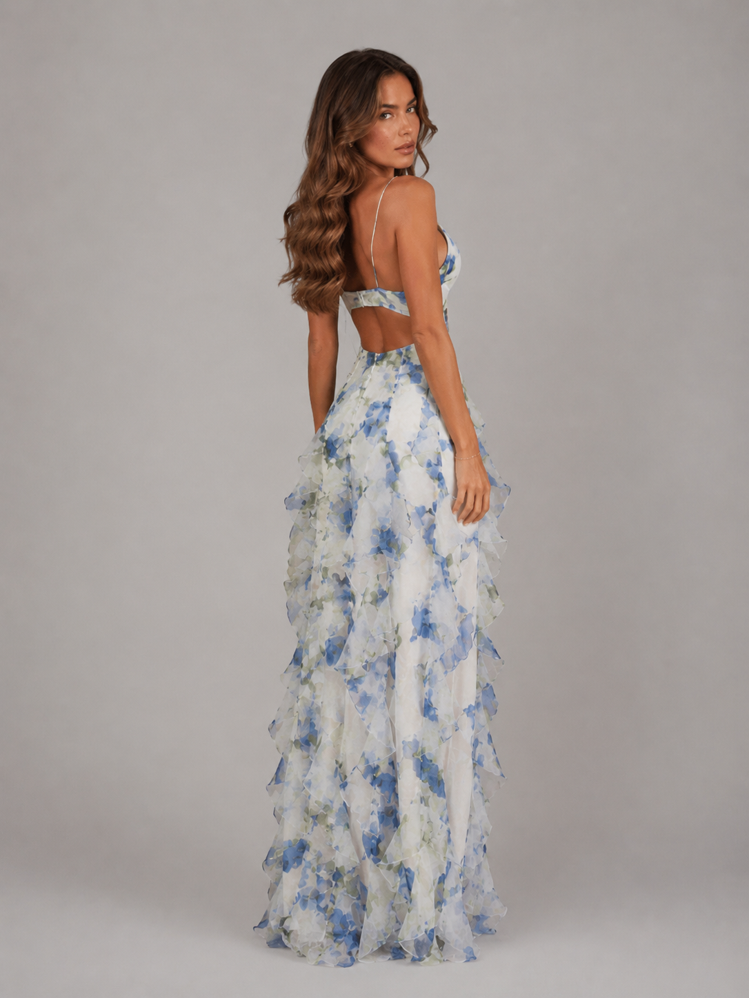 Abito Lungo Donna Corsetto Gonna a Balze Effetto Chiffon