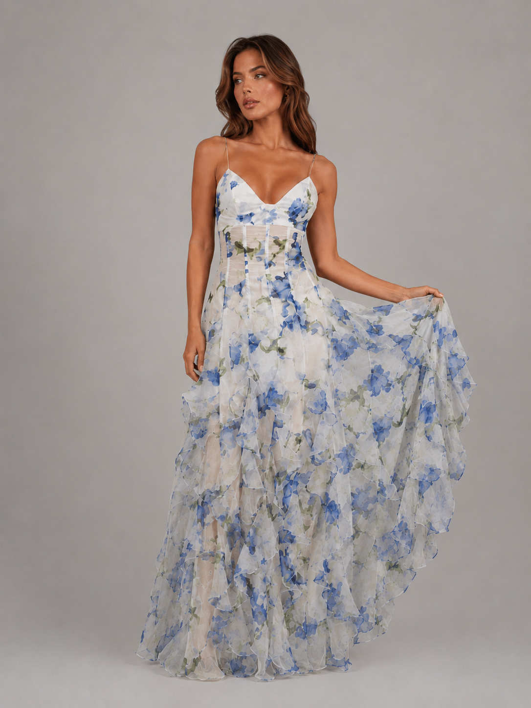 Abito Lungo Donna Corsetto Gonna a Balze Effetto Chiffon