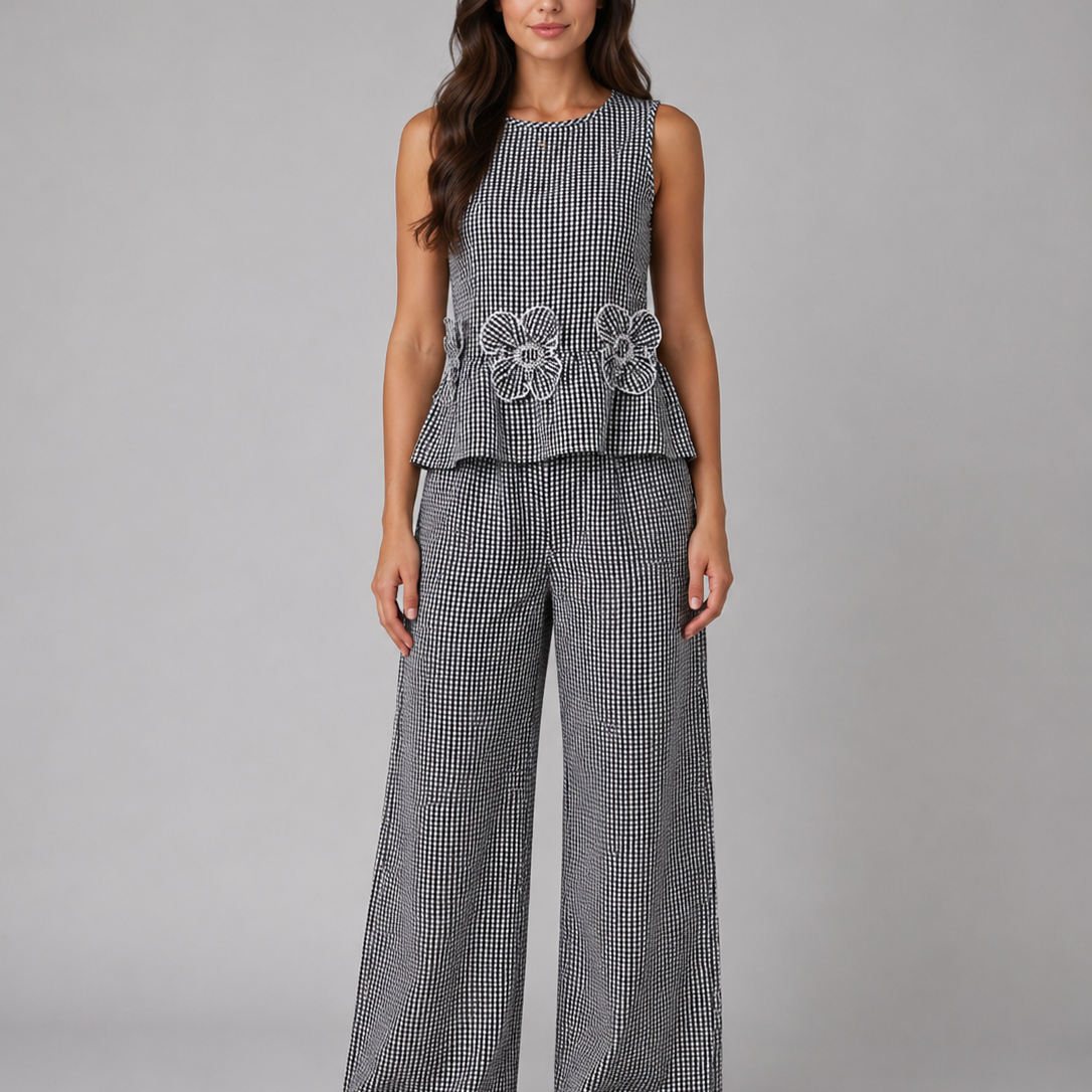 Completo Donna a Quadretti Vichy Top Peplo e Gamba Ampia