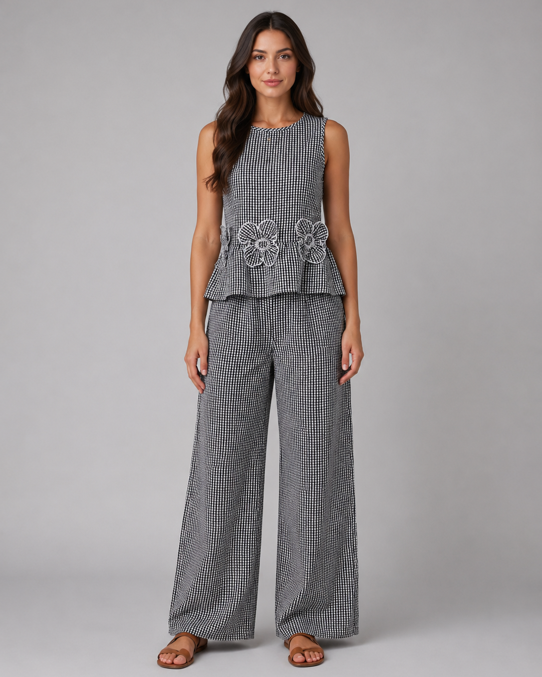 Completo Donna a Quadretti Vichy Top Peplo e Gamba Ampia