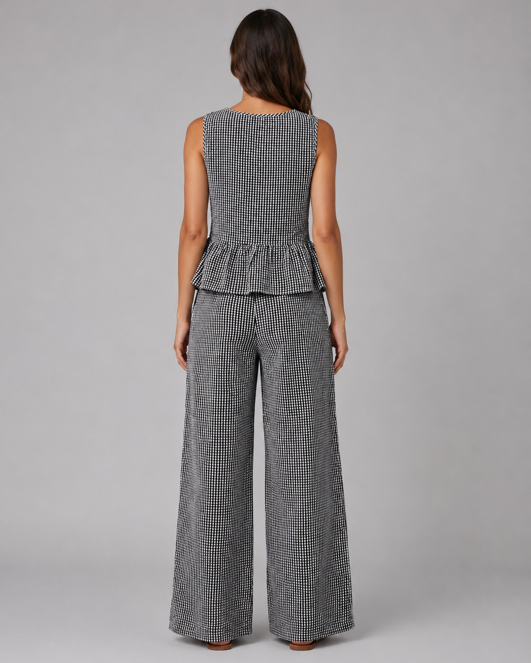 Completo Donna a Quadretti Vichy Top Peplo e Gamba Ampia