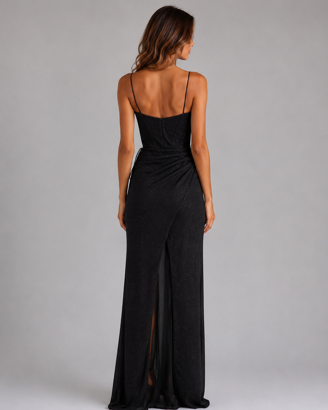 Abito Lungo Donna Corsetto Glitter Spacco da Sera