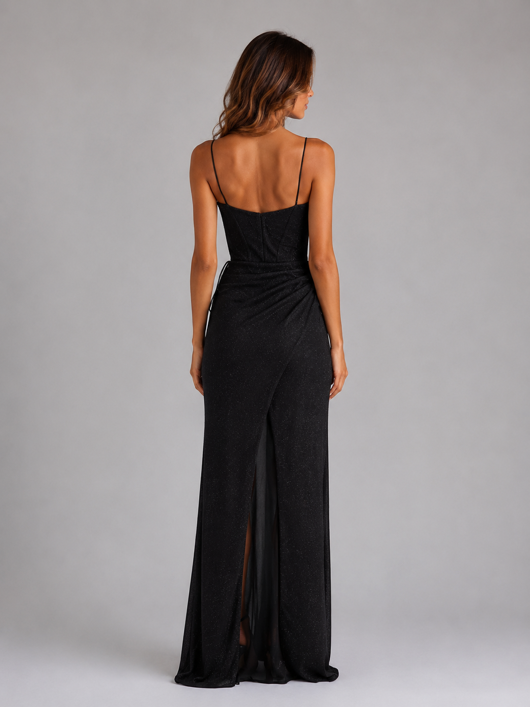 Abito Lungo Donna Corsetto Glitter Spacco da Sera