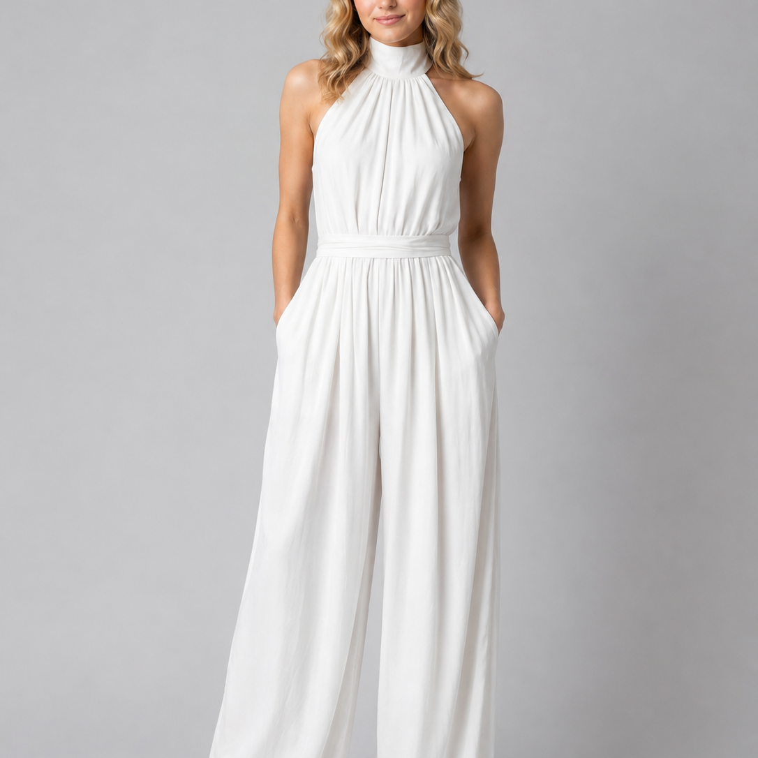 Tuta Elegante Donna Scollo Halter Gamba Ampia da Cerimonia