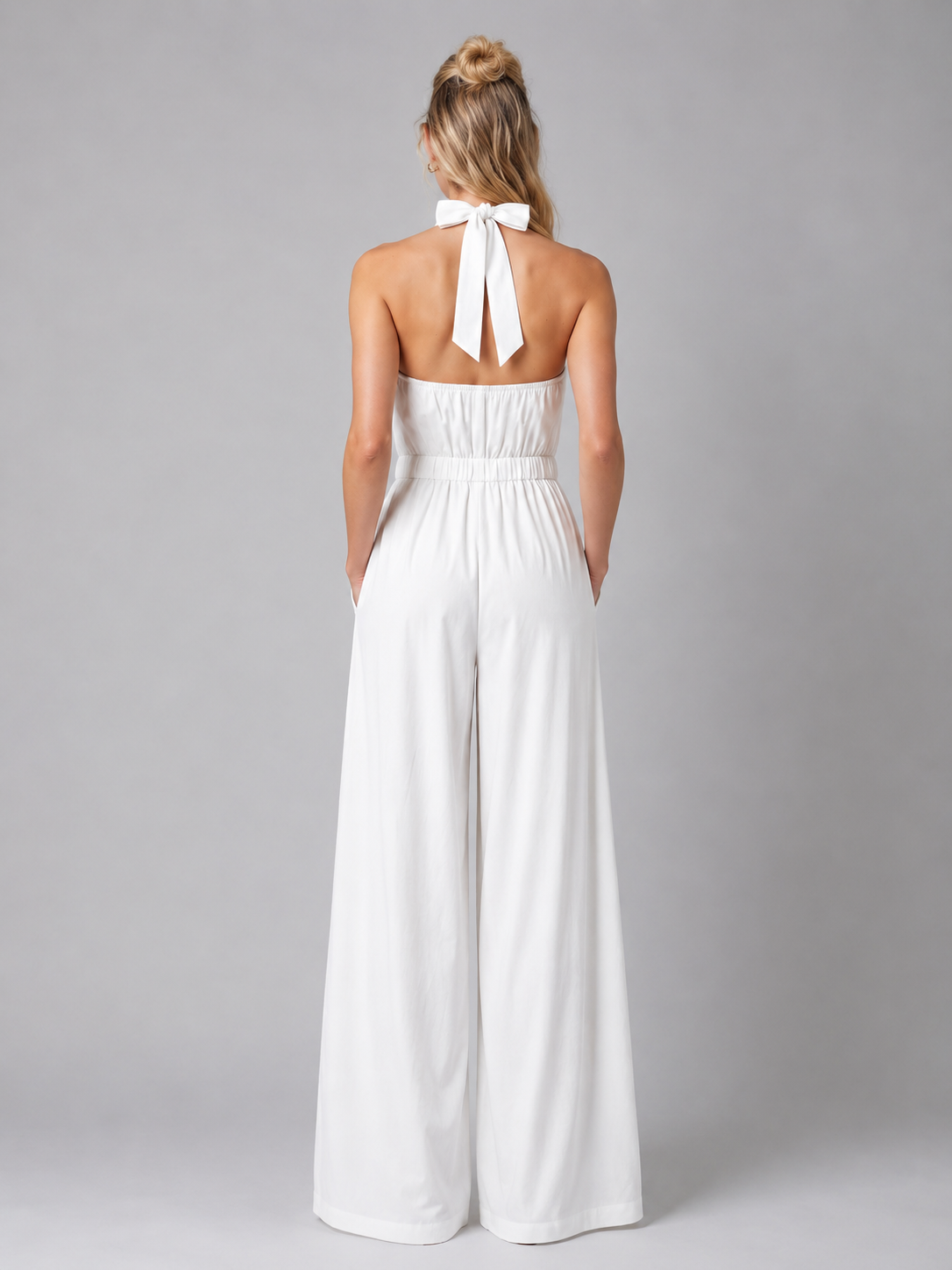 Tuta Elegante Donna Scollo Halter Gamba Ampia da Cerimonia