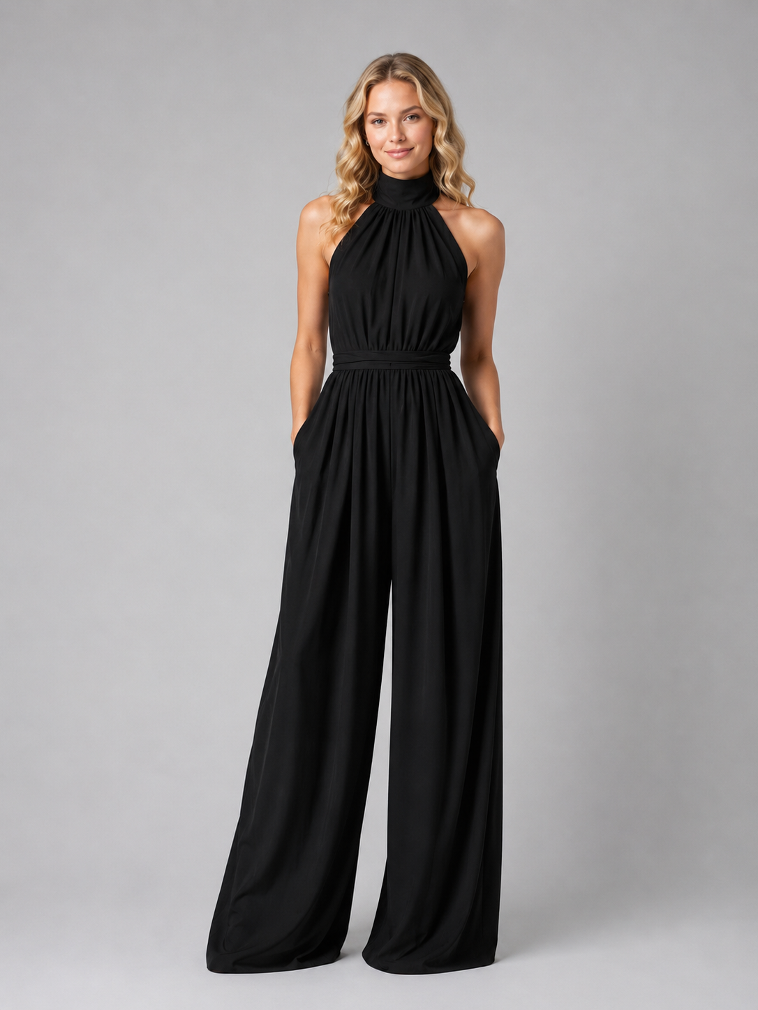 Tuta Elegante Donna Scollo Halter Gamba Ampia da Cerimonia