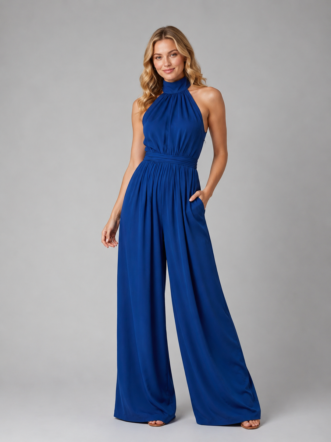 Tuta Elegante Donna Scollo Halter Gamba Ampia da Cerimonia