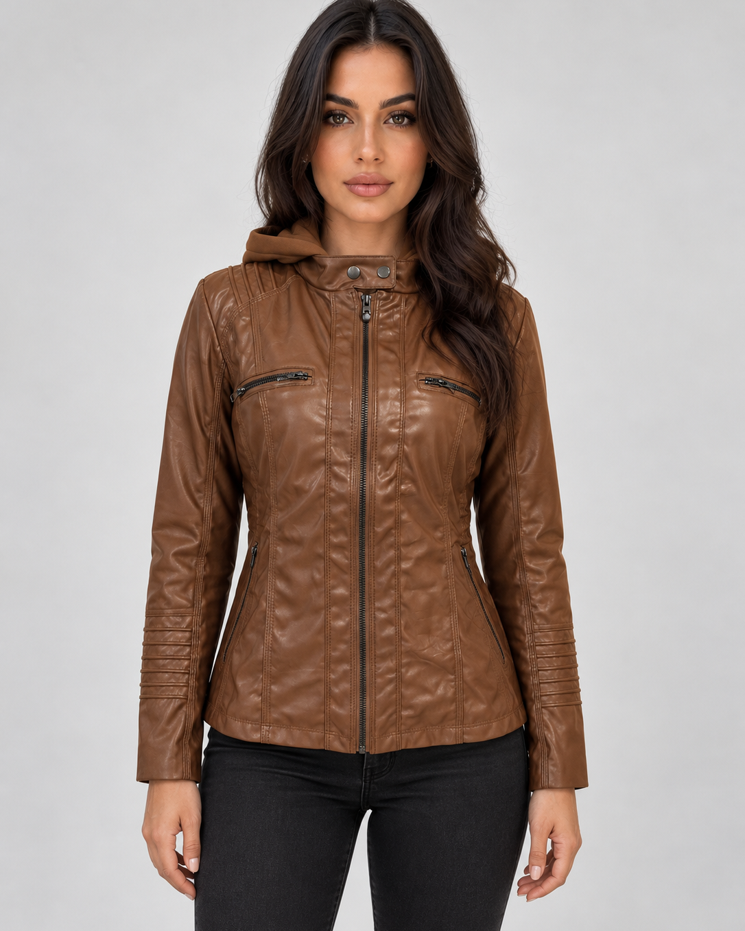 Giacca Biker Donna Effetto Pelle con Cappuccio Aderente