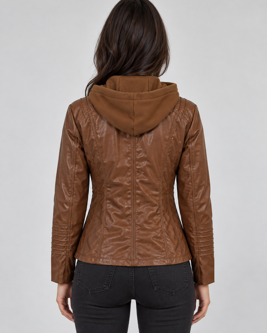 Giacca Biker Donna Effetto Pelle con Cappuccio Aderente