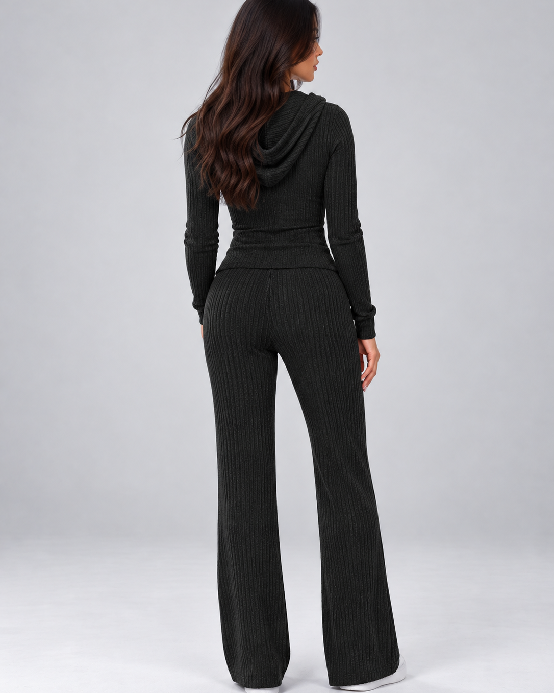 Completo Donna a Coste Top Zip Cappuccio e Pantaloni Gamba Ampia