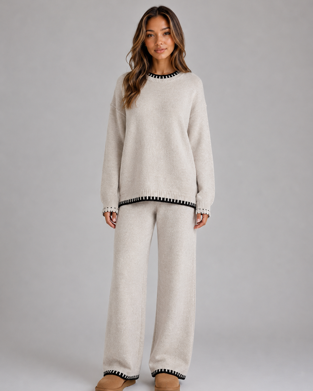Completo Donna in Maglia Girocollo e Pantaloni Gamba Ampia