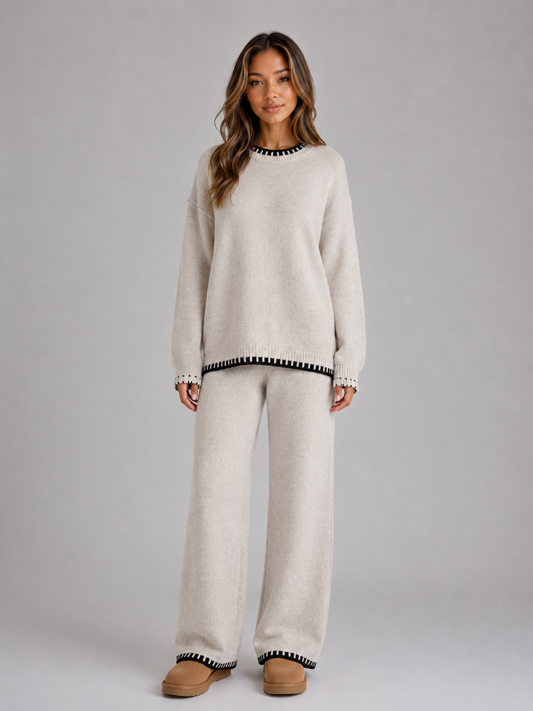 Completo Donna in Maglia Girocollo e Pantaloni Gamba Ampia