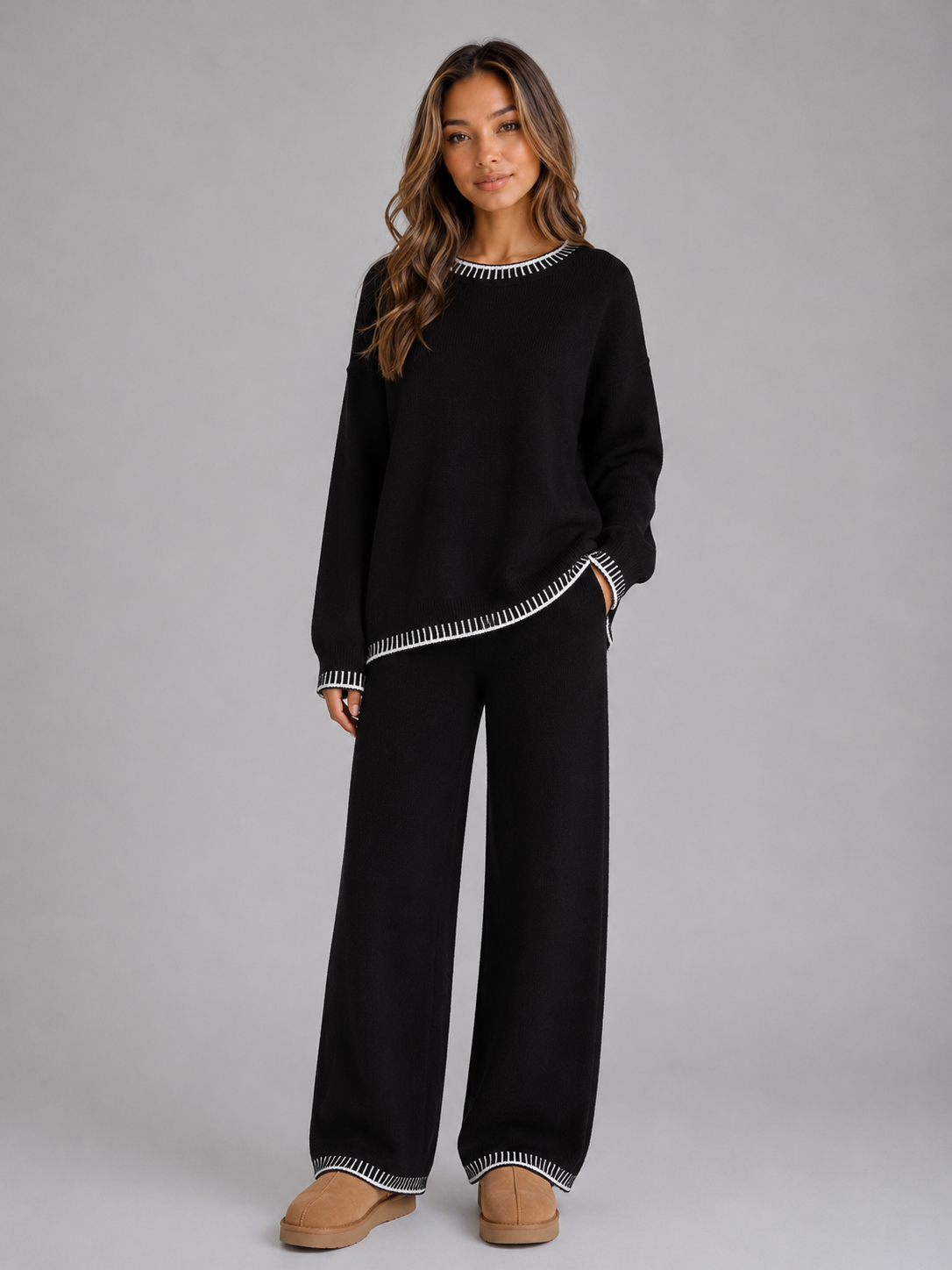 Completo Donna in Maglia Girocollo e Pantaloni Gamba Ampia