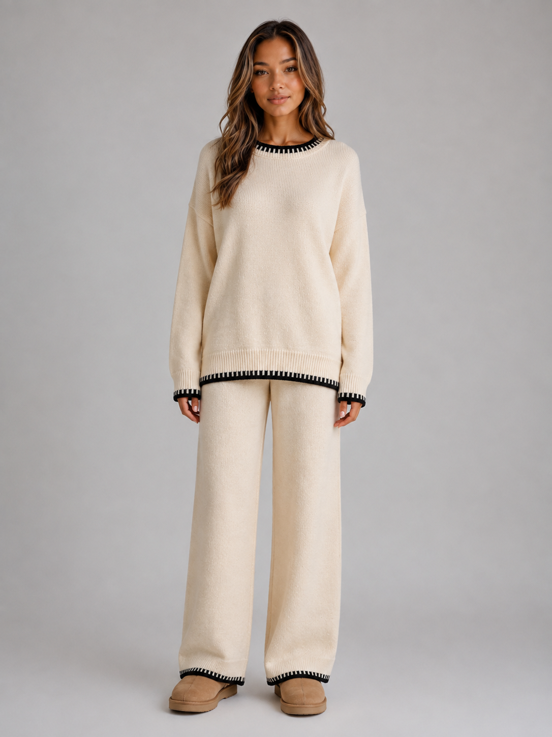 Completo Donna in Maglia Girocollo e Pantaloni Gamba Ampia