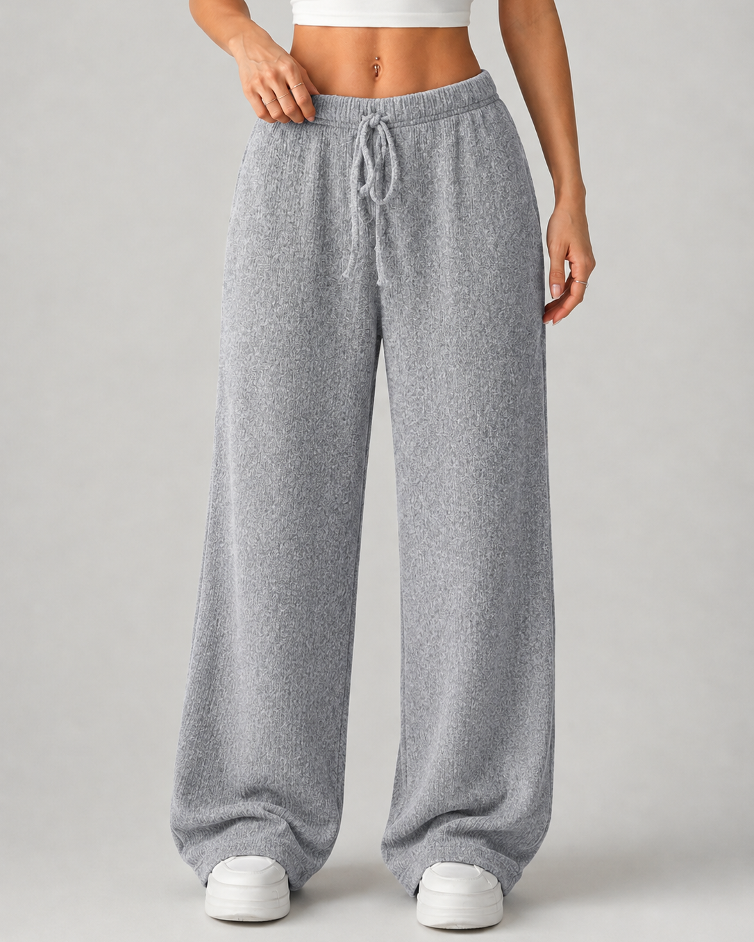 Pantaloni Donna in Maglia Gamba Ampia Vita Alta con Coulisse