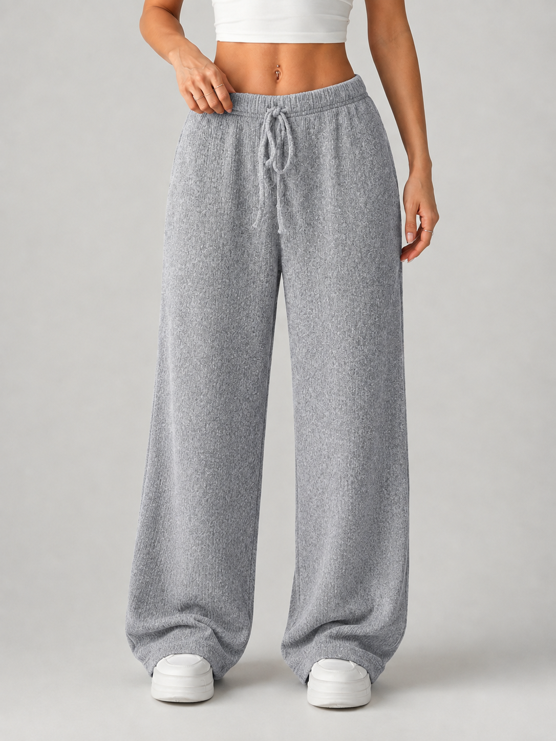 Pantaloni Donna in Maglia Gamba Ampia Vita Alta con Coulisse