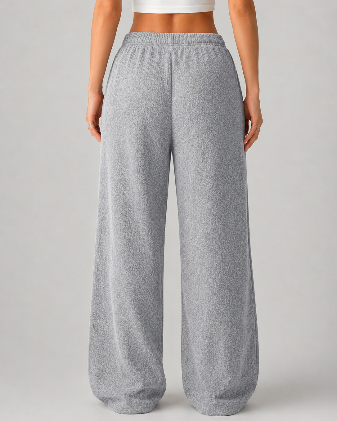 Pantaloni Donna in Maglia Gamba Ampia Vita Alta con Coulisse