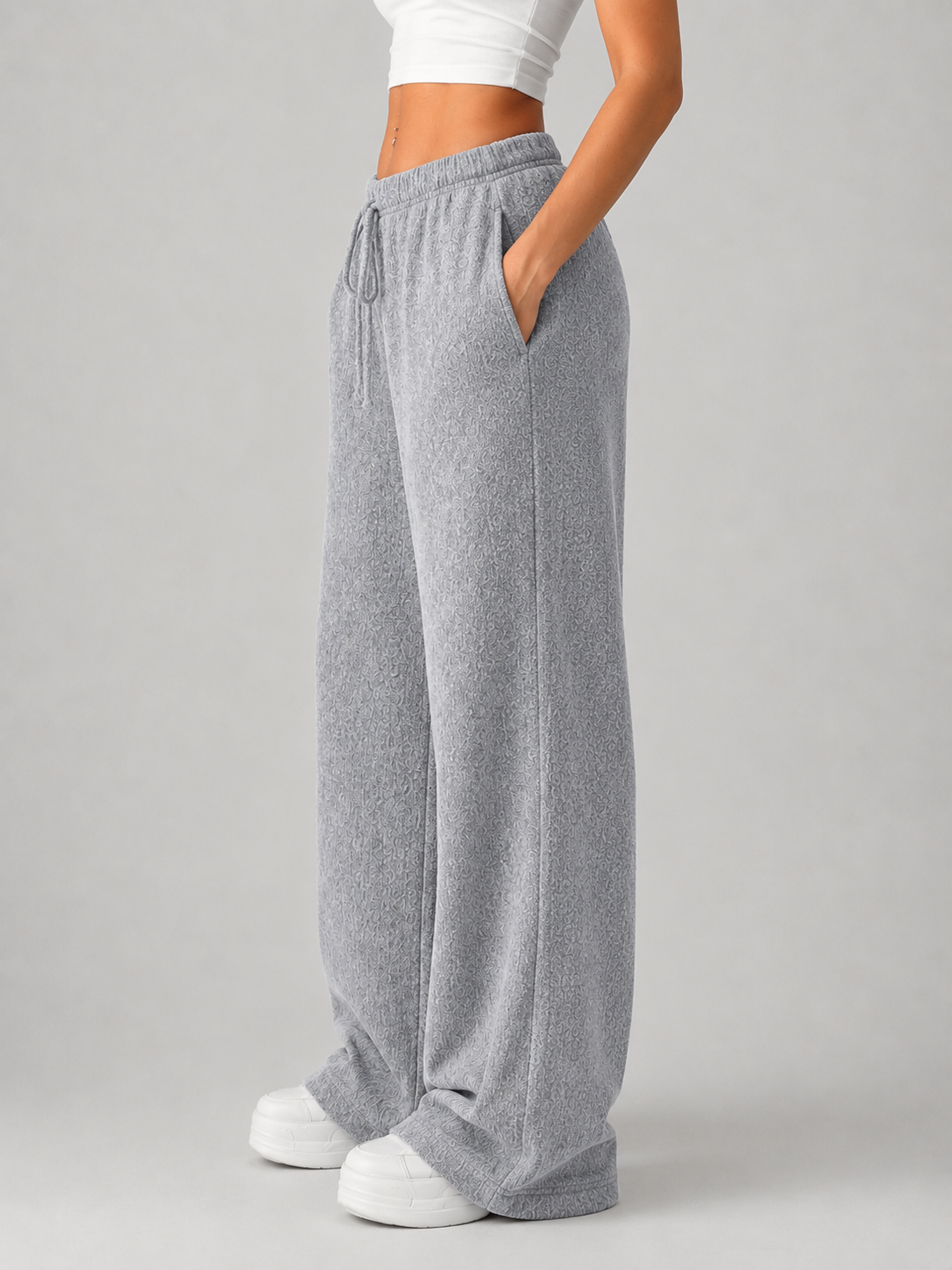 Pantaloni Donna in Maglia Gamba Ampia Vita Alta con Coulisse