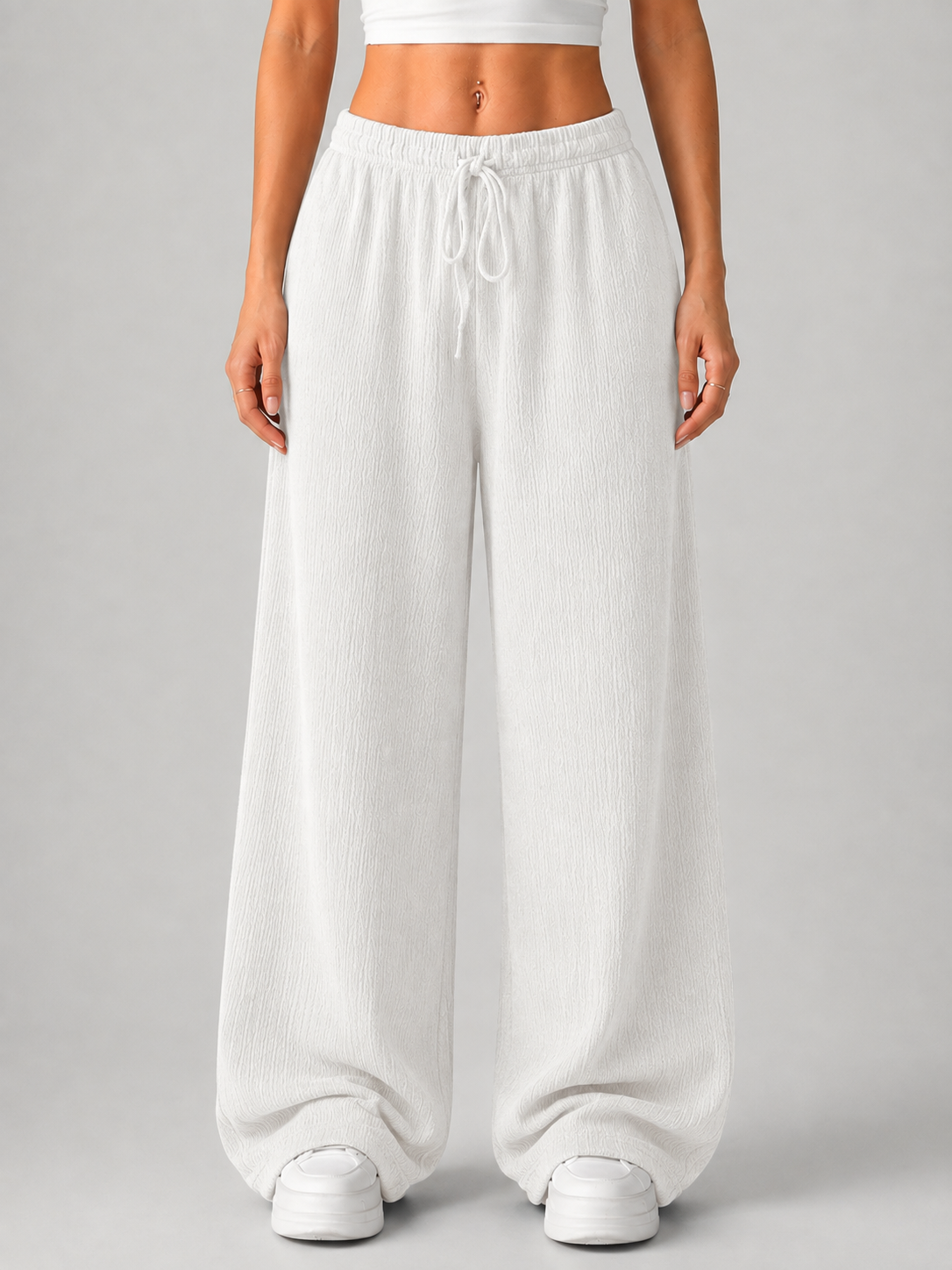 Pantaloni Donna in Maglia Gamba Ampia Vita Alta con Coulisse