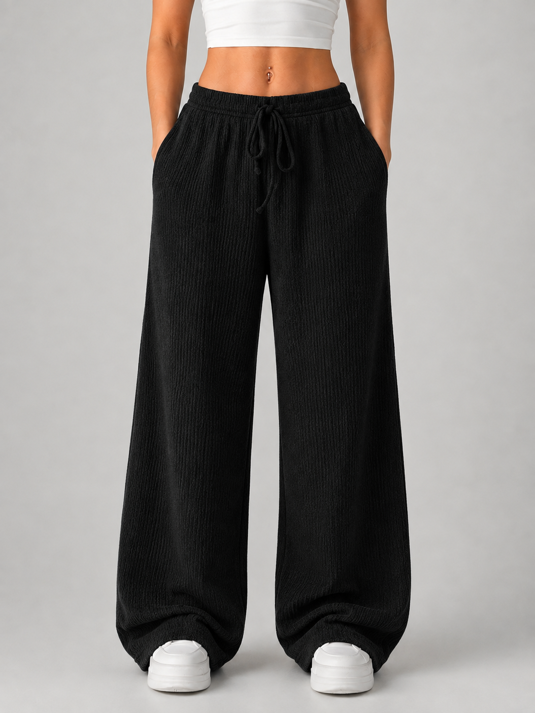 Pantaloni Donna in Maglia Gamba Ampia Vita Alta con Coulisse