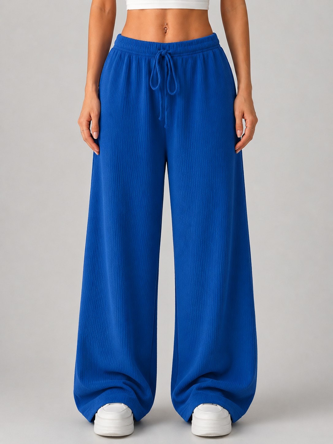Pantaloni Donna in Maglia Gamba Ampia Vita Alta con Coulisse