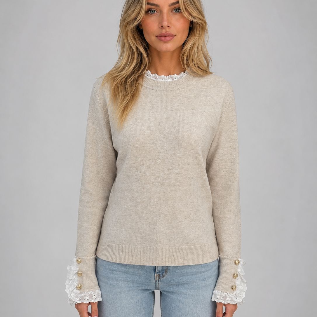 Maglione Donna Girocollo con Bordi in Pizzo e Bottoni
