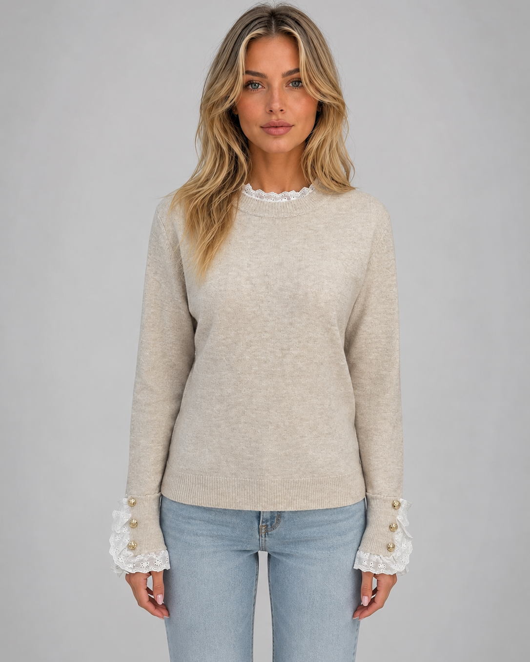 Maglione Donna Girocollo con Bordi in Pizzo e Bottoni