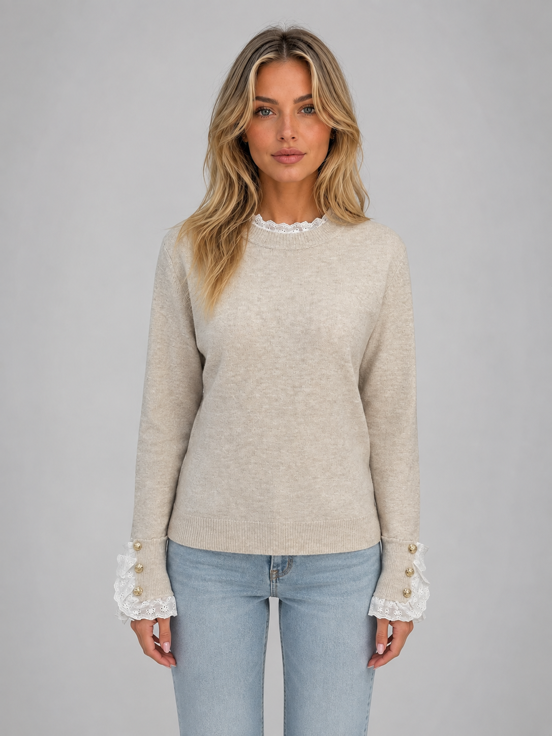 Maglione Donna Girocollo con Bordi in Pizzo e Bottoni