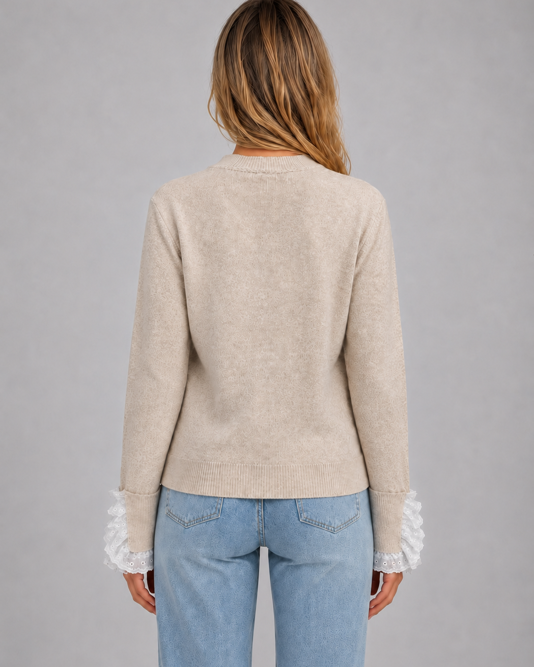 Maglione Donna Girocollo con Bordi in Pizzo e Bottoni