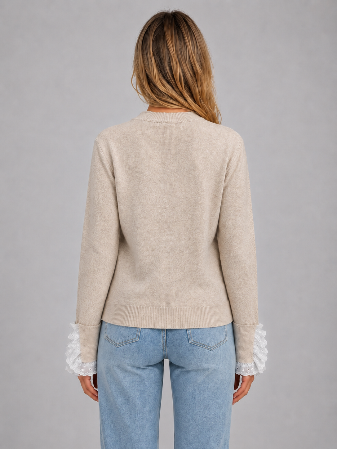 Maglione Donna Girocollo con Bordi in Pizzo e Bottoni