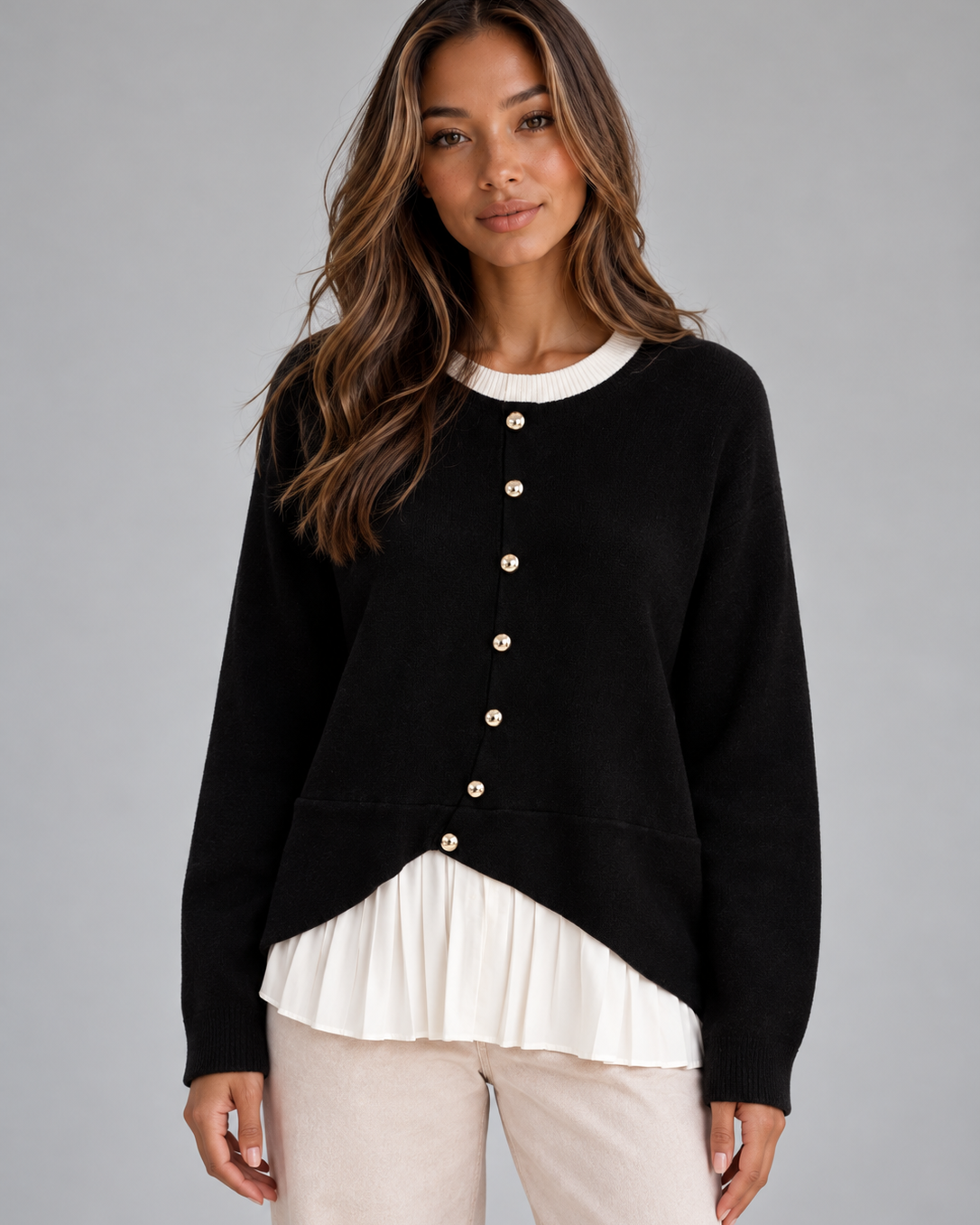 Cardigan Donna Effetto Doppio Strato con Orlo Camicia Plissettato