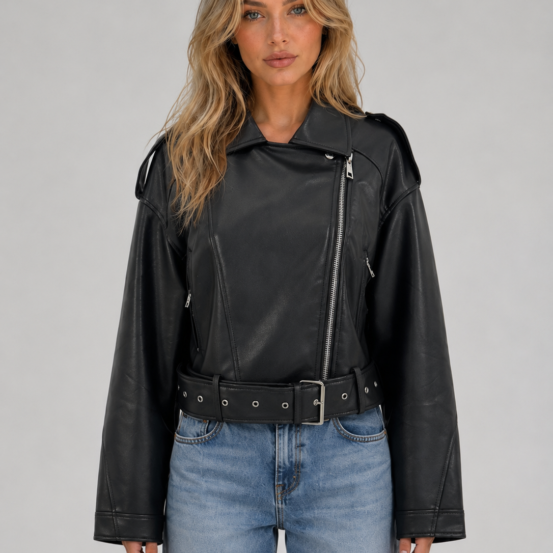 Giacca Biker Donna Effetto Pelle con Cintura Comoda