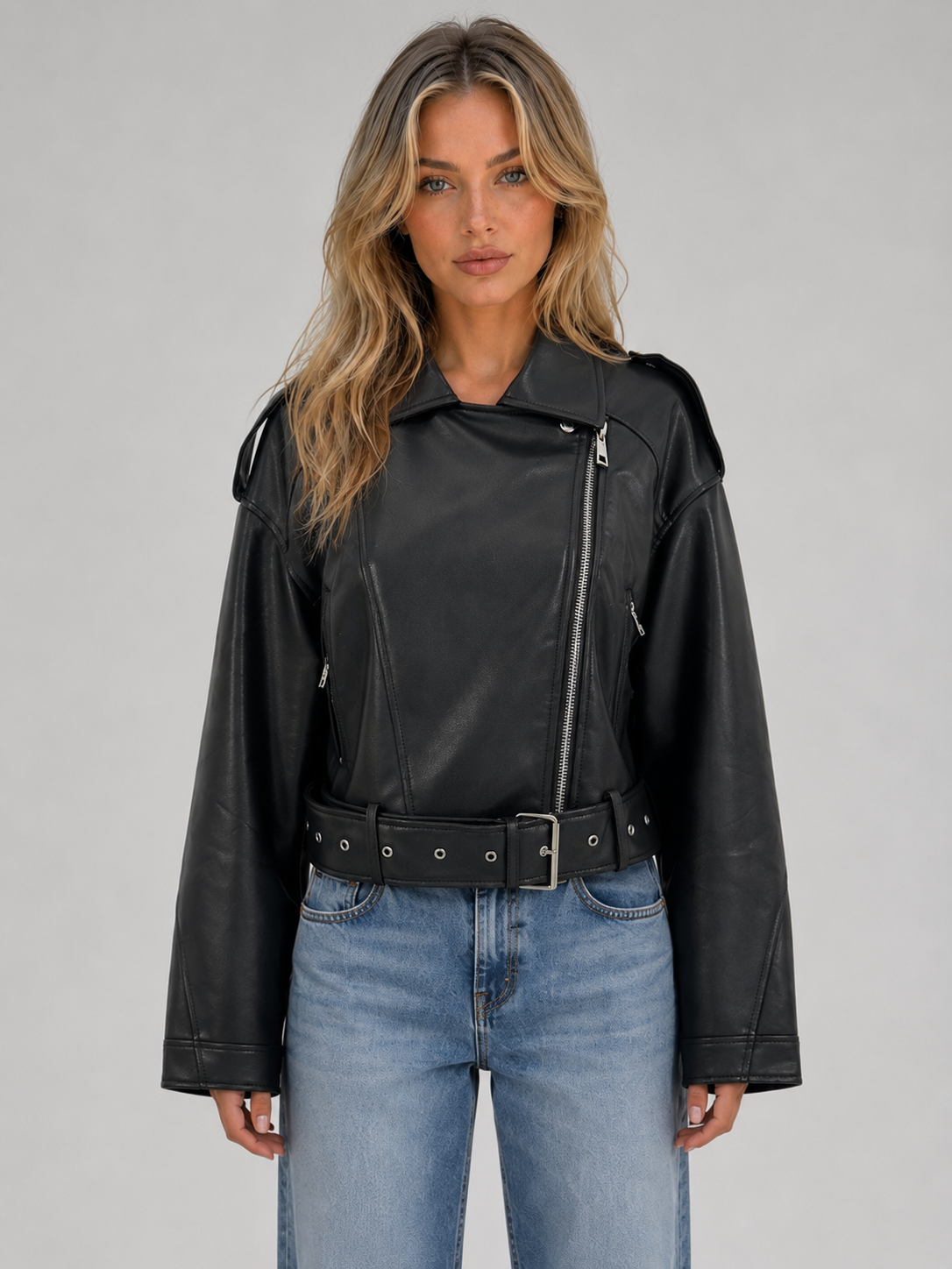 Giacca Biker Donna Effetto Pelle con Cintura Comoda