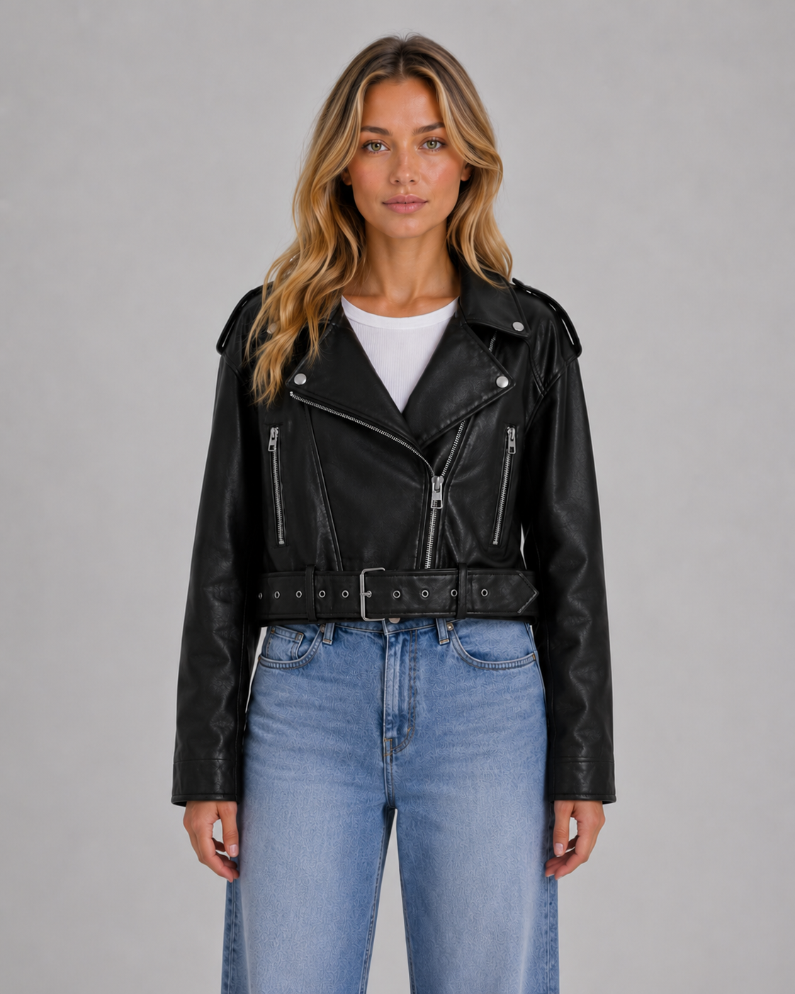 Giacca Biker Donna Effetto Pelle con Cintura Comoda