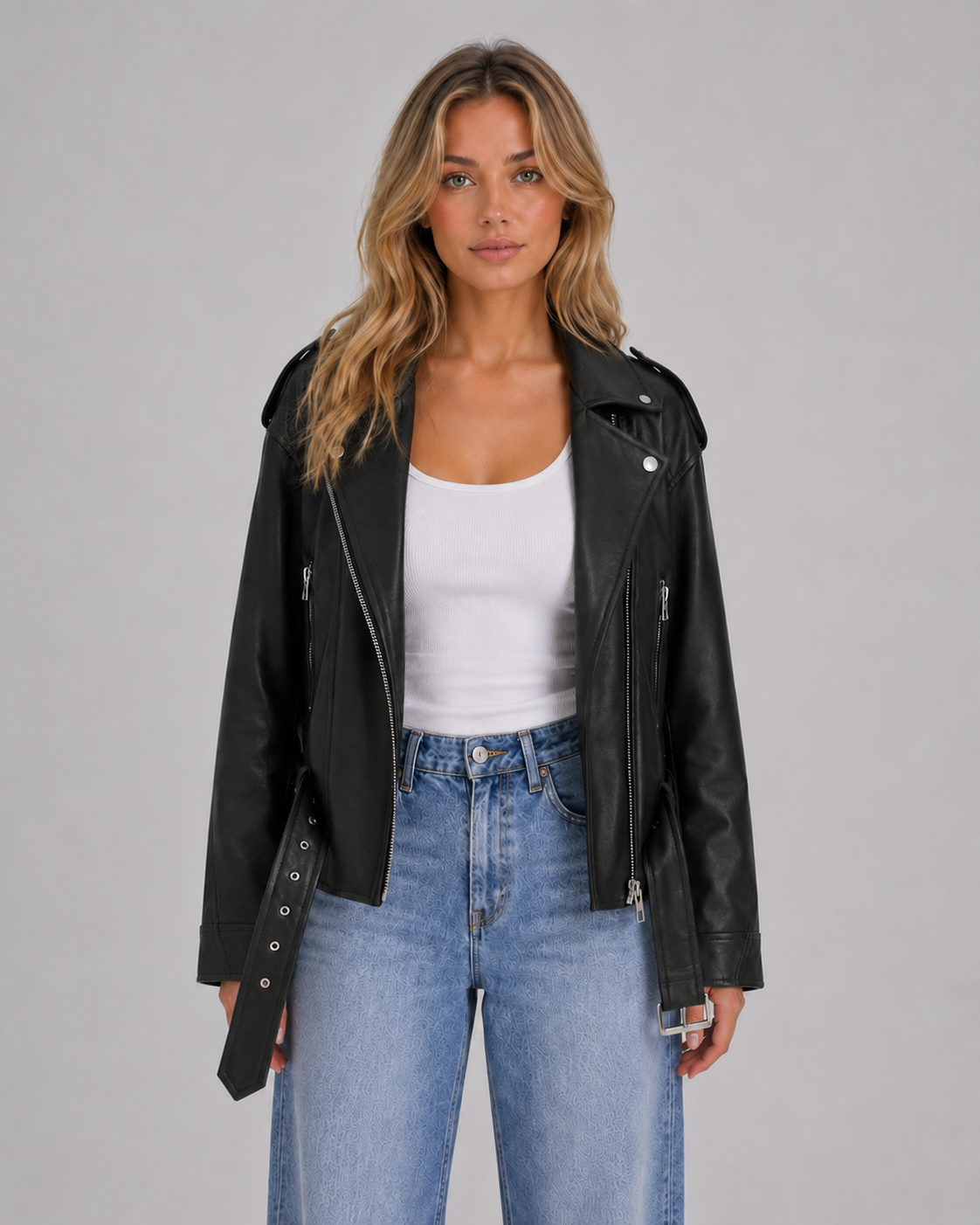 Giacca Biker Donna Effetto Pelle con Cintura Comoda