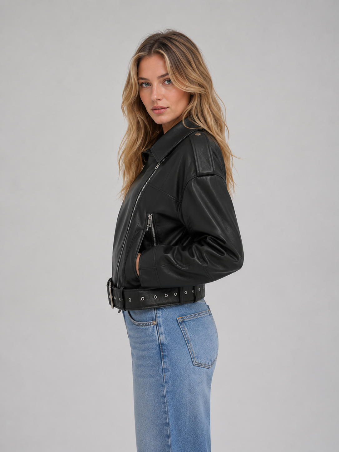 Giacca Biker Donna Effetto Pelle con Cintura Comoda