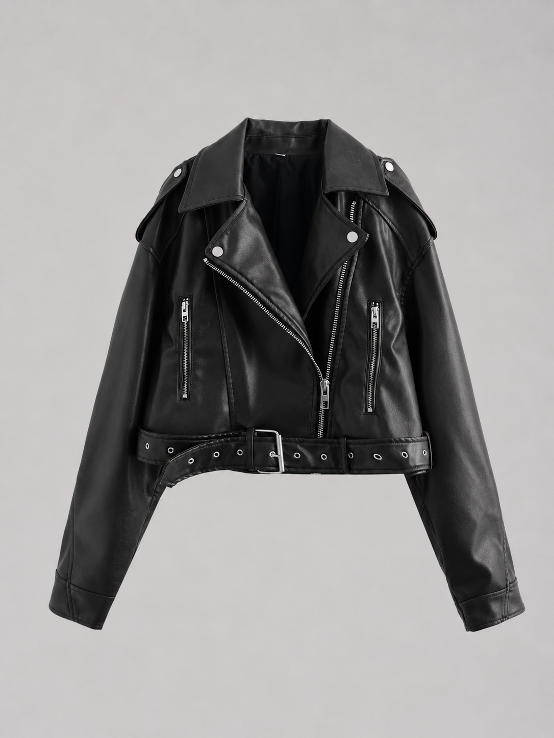 Giacca Biker Donna Effetto Pelle con Cintura Comoda