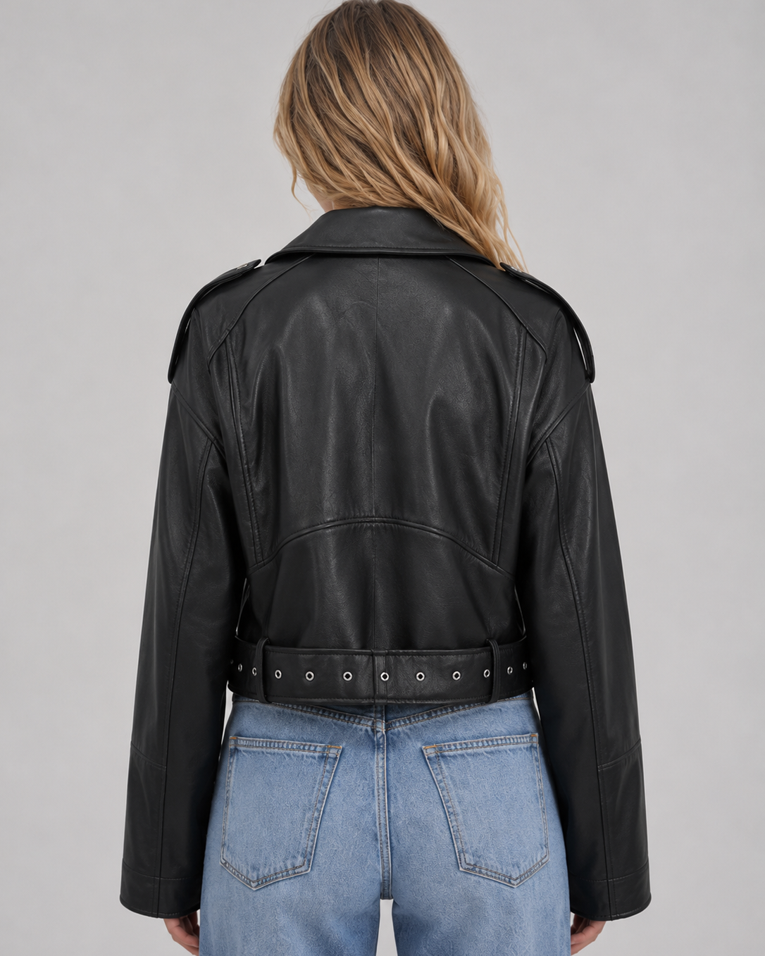 Giacca Biker Donna Effetto Pelle con Cintura Comoda