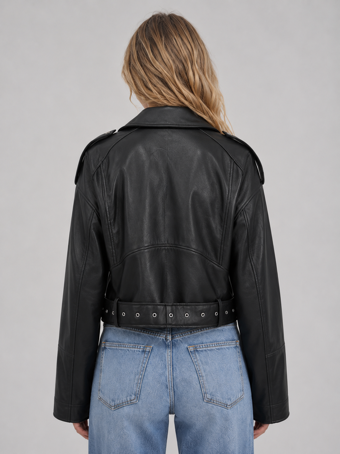 Giacca Biker Donna Effetto Pelle con Cintura Comoda