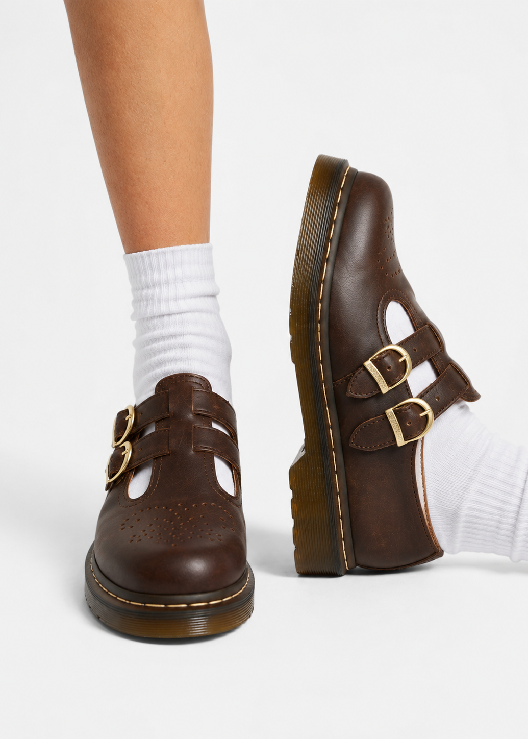 Scarpe Mary Jane Donna Effetto Pelle Doppia Fibbia Suola Chunky