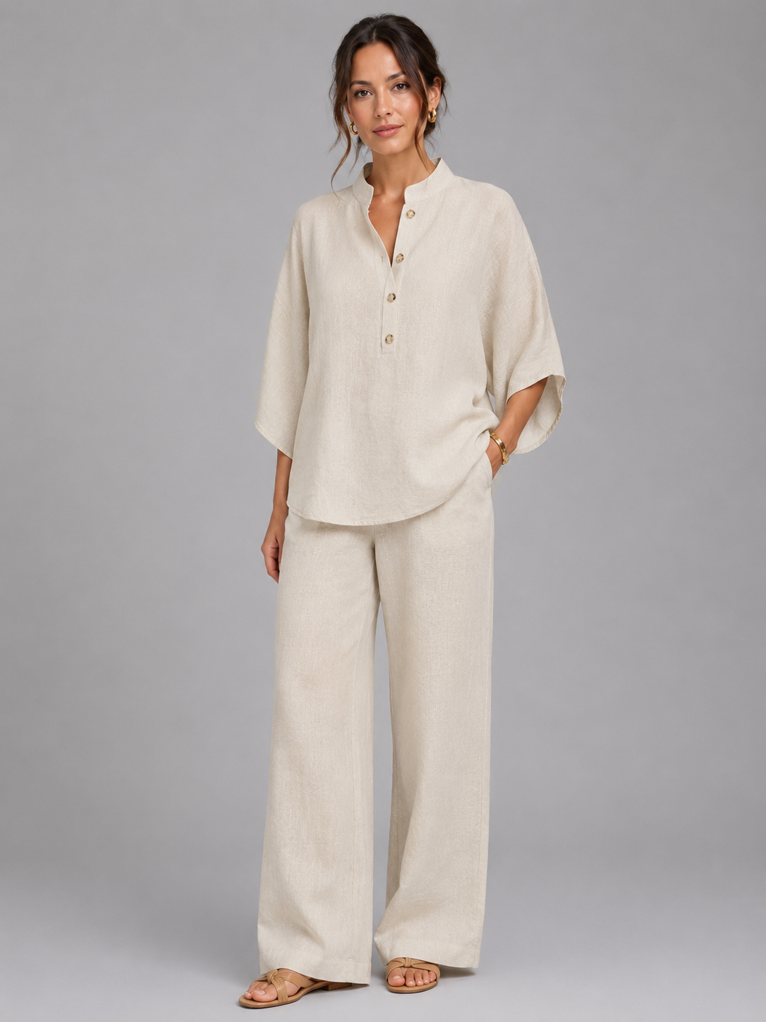 Completo Donna in Misto Lino Camicia e Pantaloni Palazzo