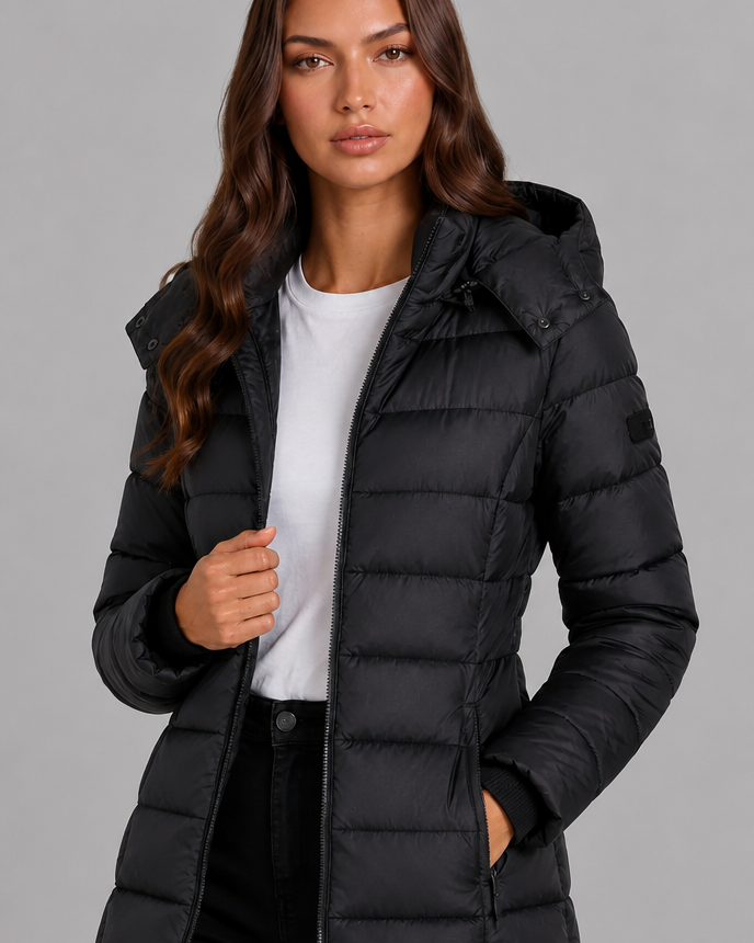 Cappotto Donna Imbottito al Ginocchio Slim con Cappuccio