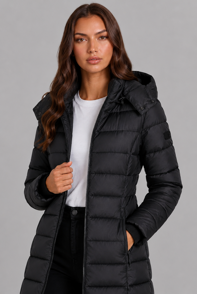 Cappotto Donna Imbottito al Ginocchio Slim con Cappuccio