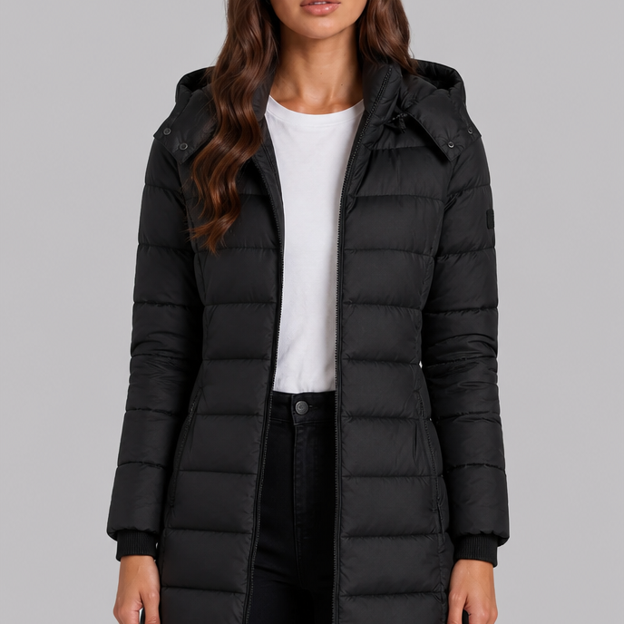 Cappotto Donna Imbottito al Ginocchio Slim con Cappuccio
