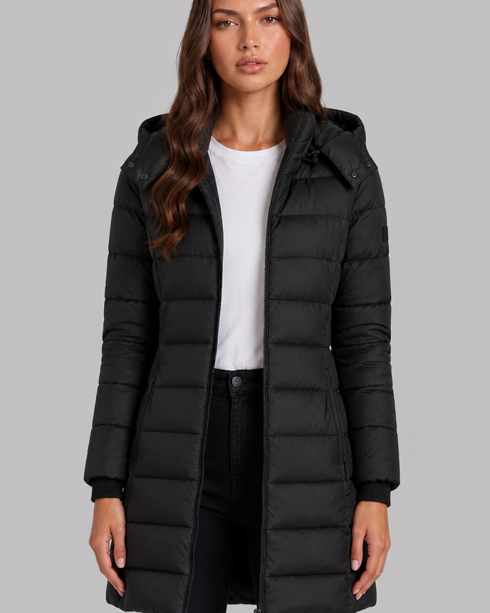 Cappotto Donna Imbottito al Ginocchio Slim con Cappuccio