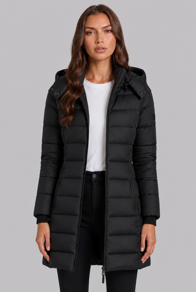 Cappotto Donna Imbottito al Ginocchio Slim con Cappuccio